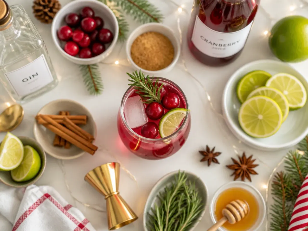 Bartending tools, simple syrup in a jar and chilled glasses laid out on a kitchen counter