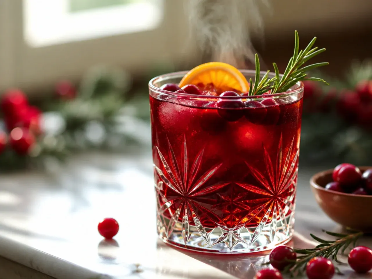 A garnish tray with cinnamon sticks, citrus wheels, cranberries and rosemary sprigs beside a row of festive drinks