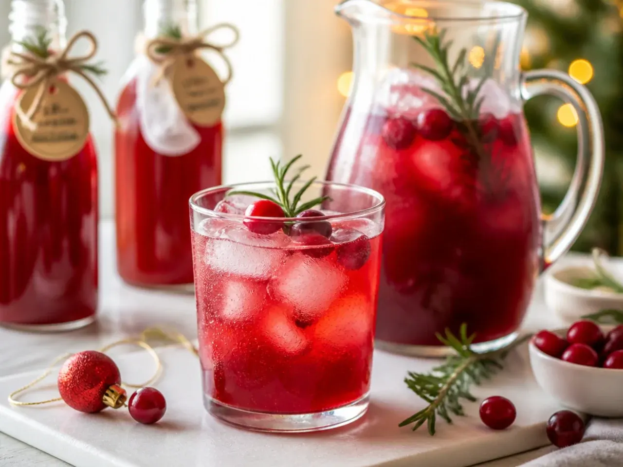 Pitchers of mulled wine and eggnog being poured into storage jugs for the fridge