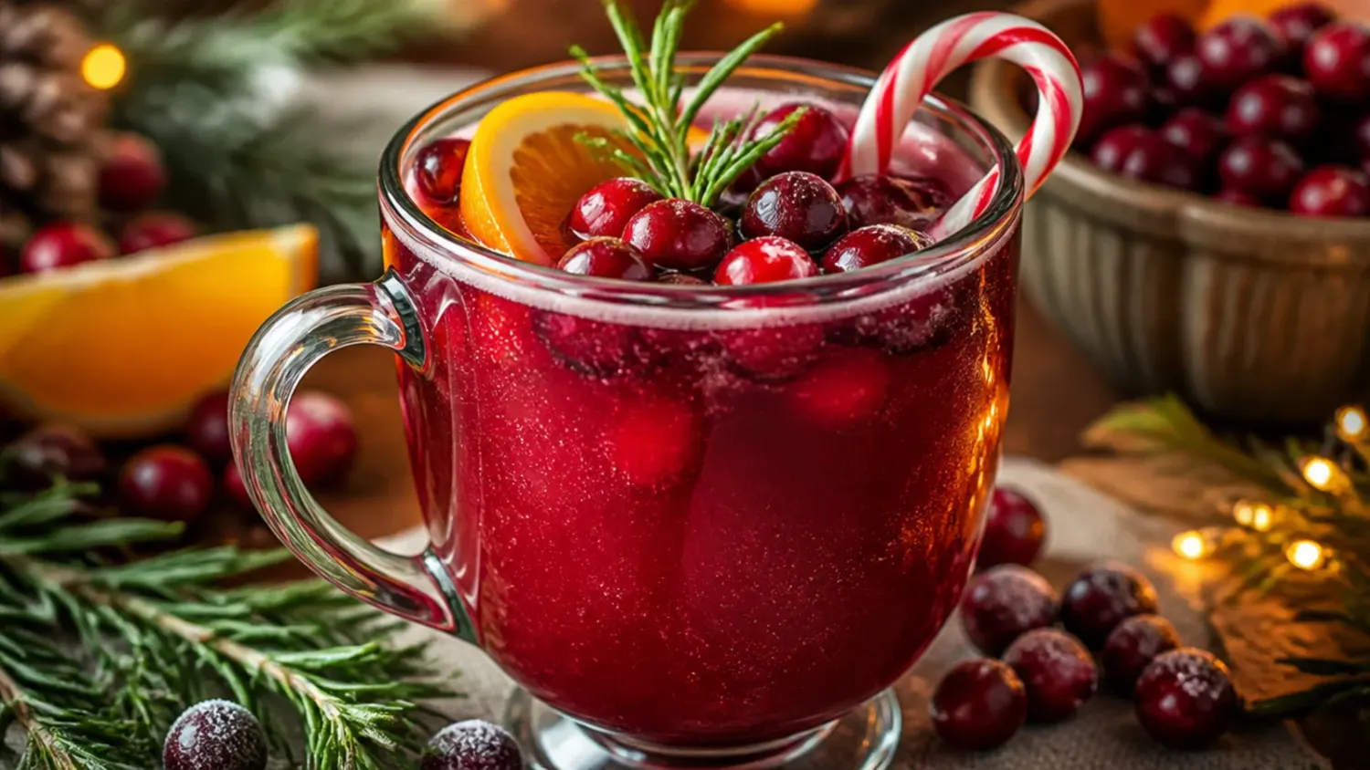 A glass punch bowl filled with ruby-red Christmas punch, floating orange slices and fresh cranberries, surrounded by filled punch cups and pine sprigs