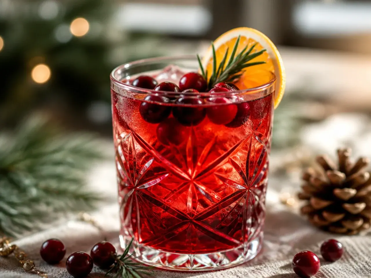 Overhead shot of a festive punch bowl with ladle, red cranberry punch, and orange garnish on a table with holiday decor