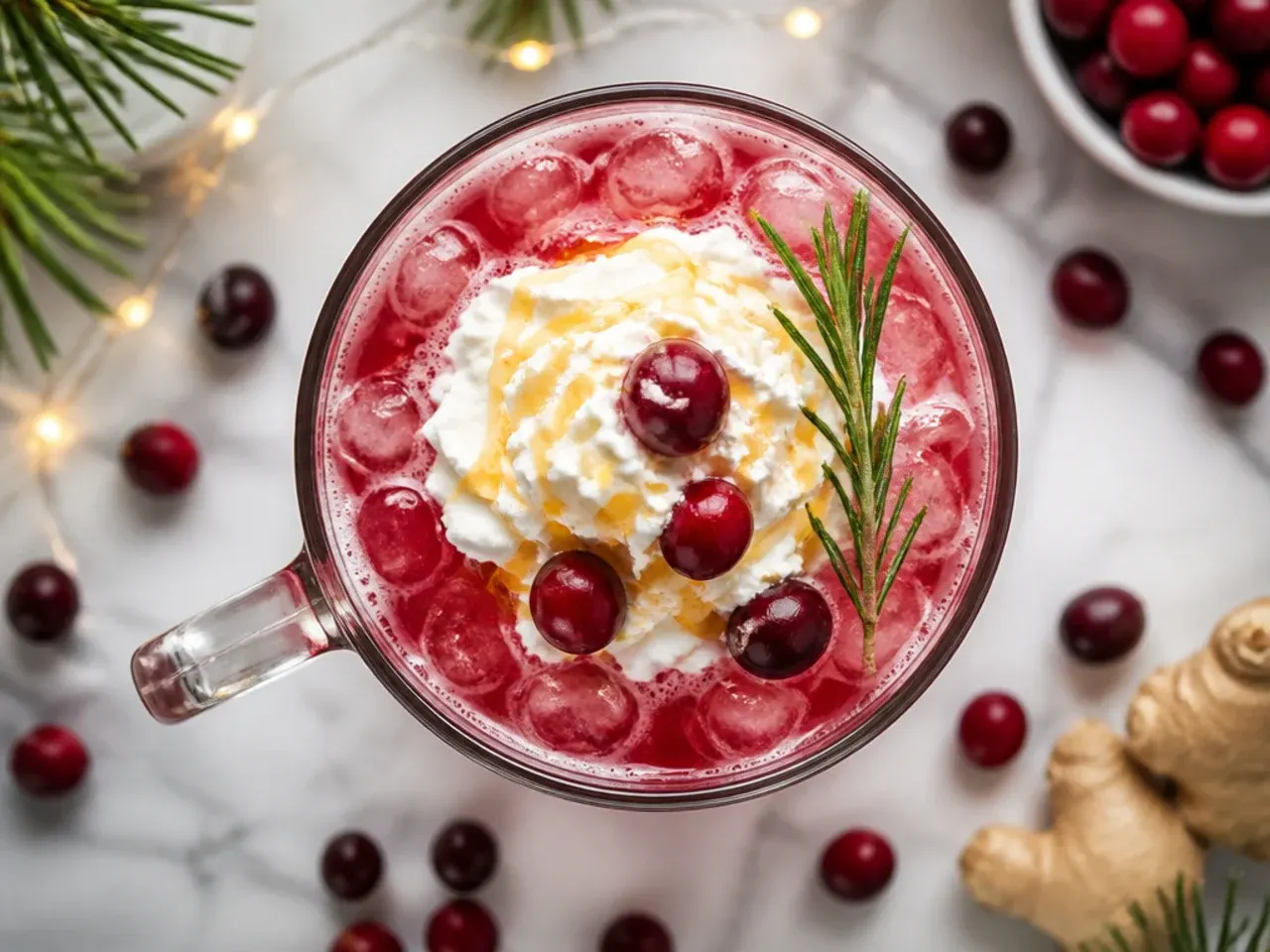 Tall glass of iced cranberry ginger Christmas punch with frozen cranberry ice cubes and a lemon twist