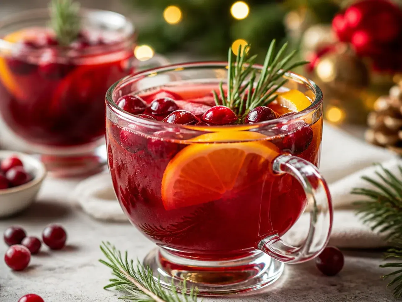 Punch bowl of classic cranberry orange Christmas punch with floating orange slices and cranberries