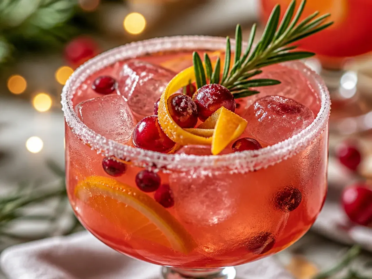 Bowl of sparkling red jingle juice Christmas punch with frozen berries floating on top