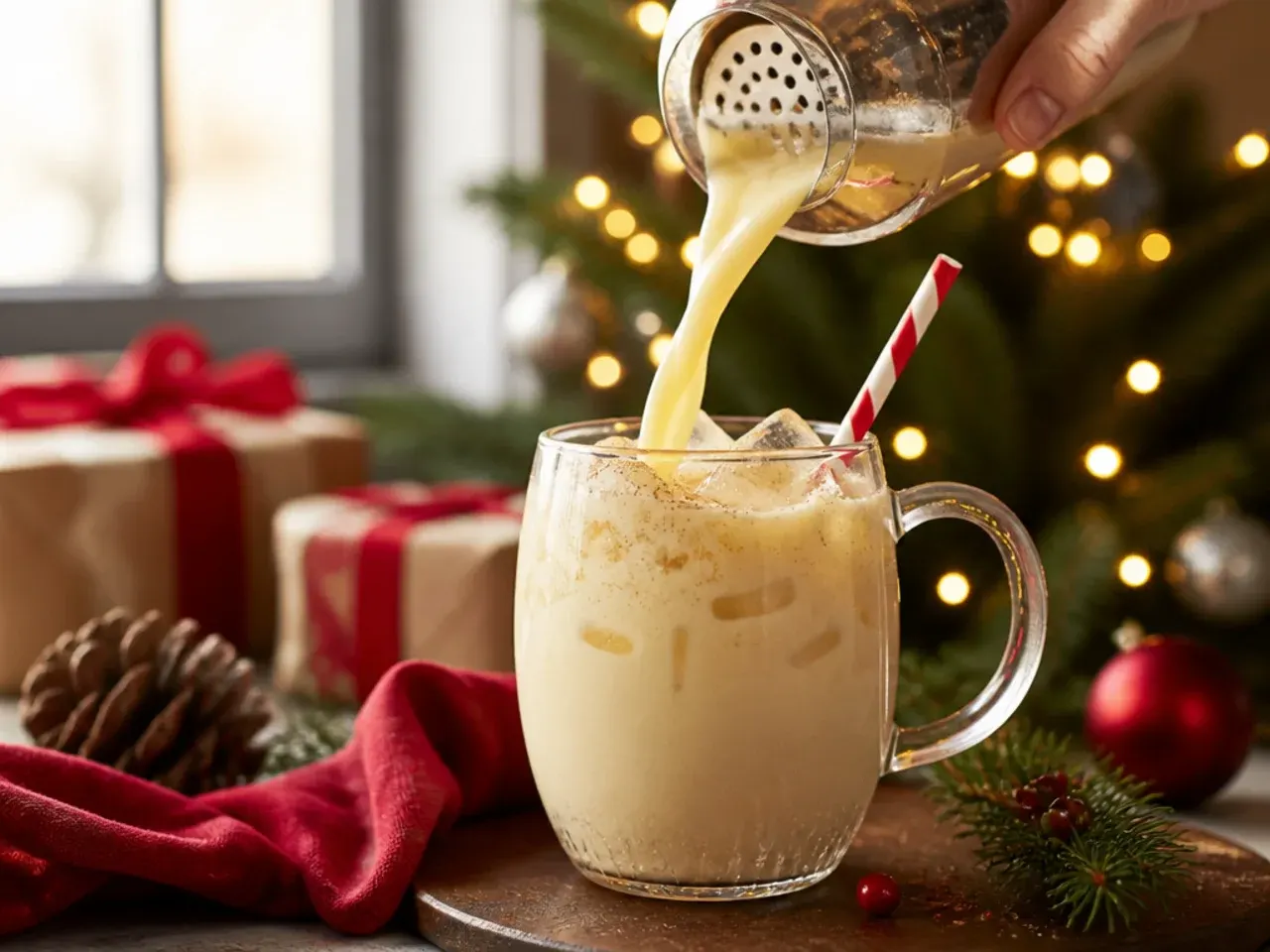 Creamy eggnog Christmas punch in a glass punch bowl topped with nutmeg and cinnamon stick garnish