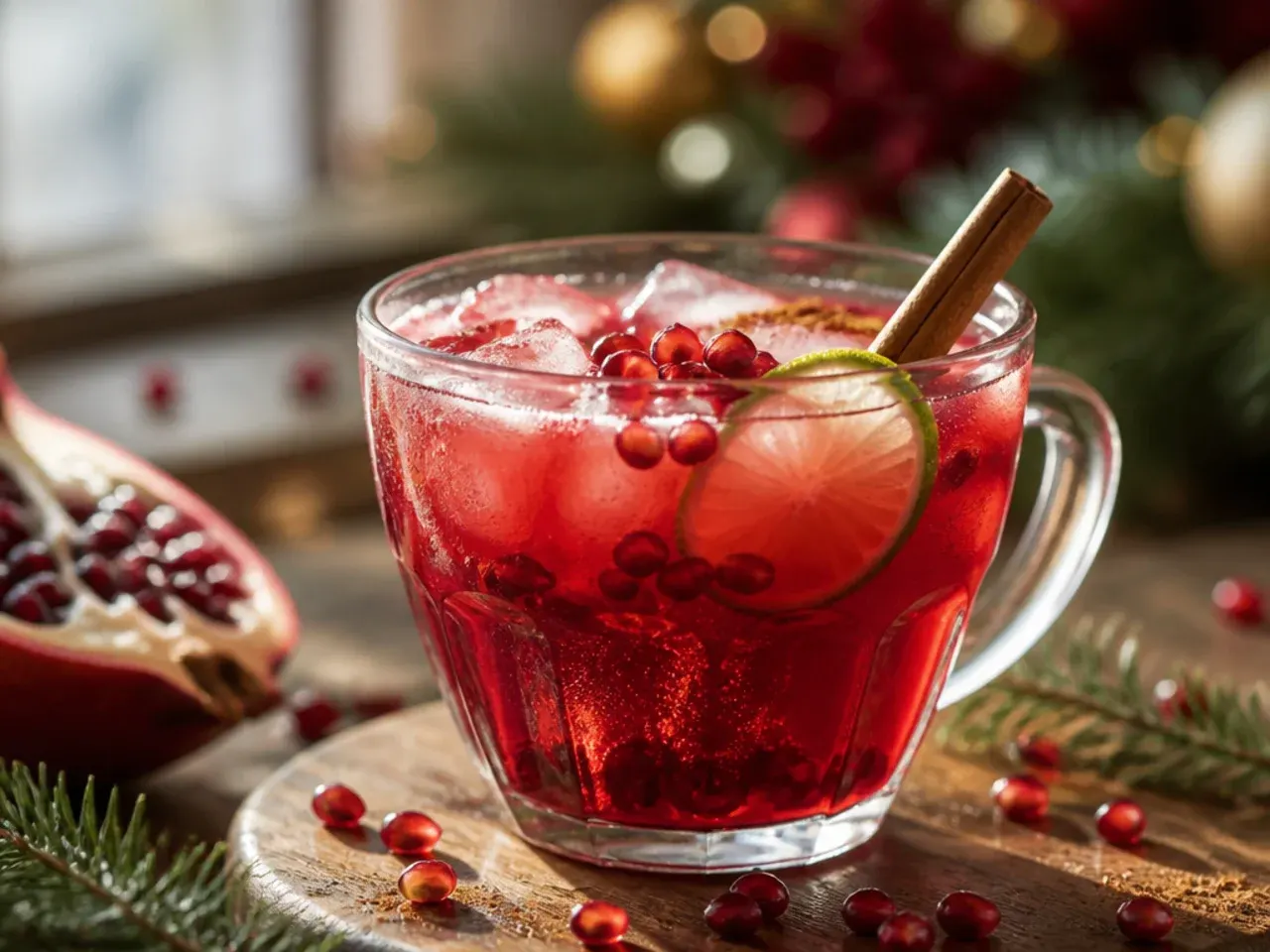 Glass of refreshing pomegranate lime Christmas punch with pomegranate arils and mint garnish