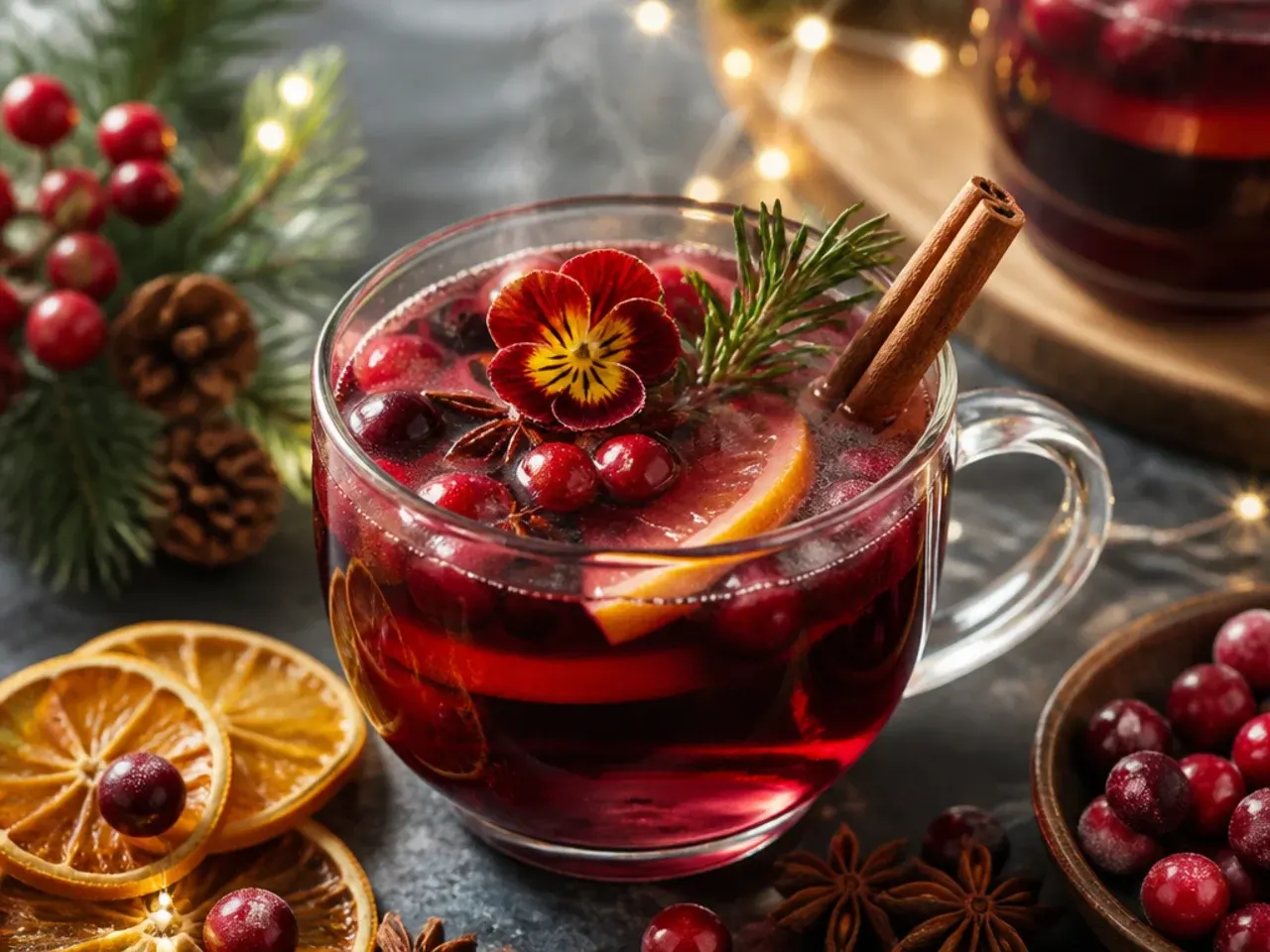 Mug of warm mulled wine Christmas punch with a clove-studded orange slice and cinnamon stick