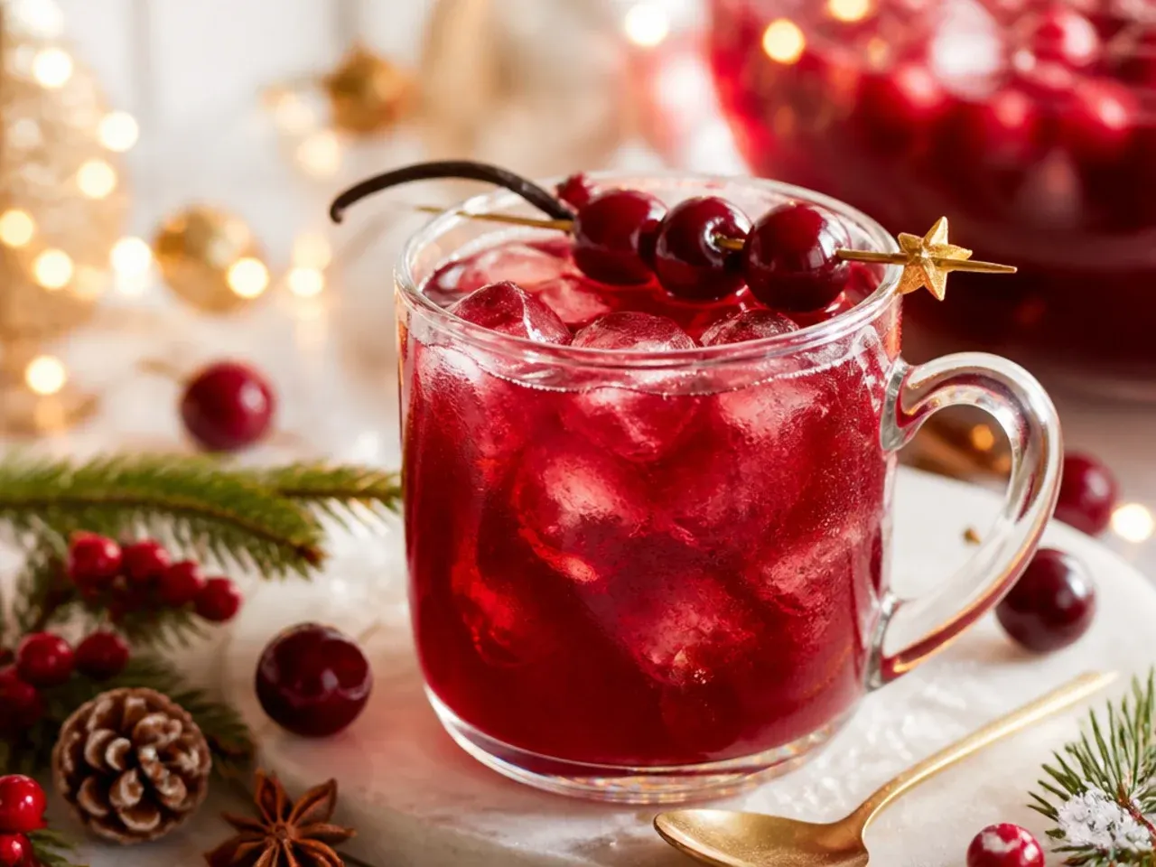 Sweet cherry vanilla Christmas punch in a punch bowl with frozen cherries and cream soda foam