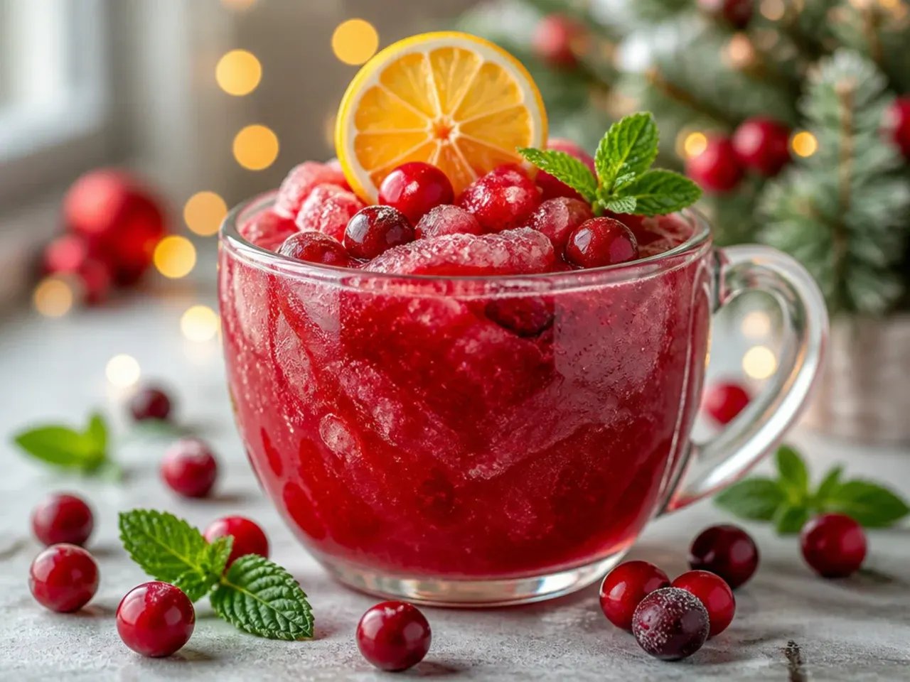 Frozen cranberry slushie Christmas punch served in glasses with a straw and lime wheel garnish