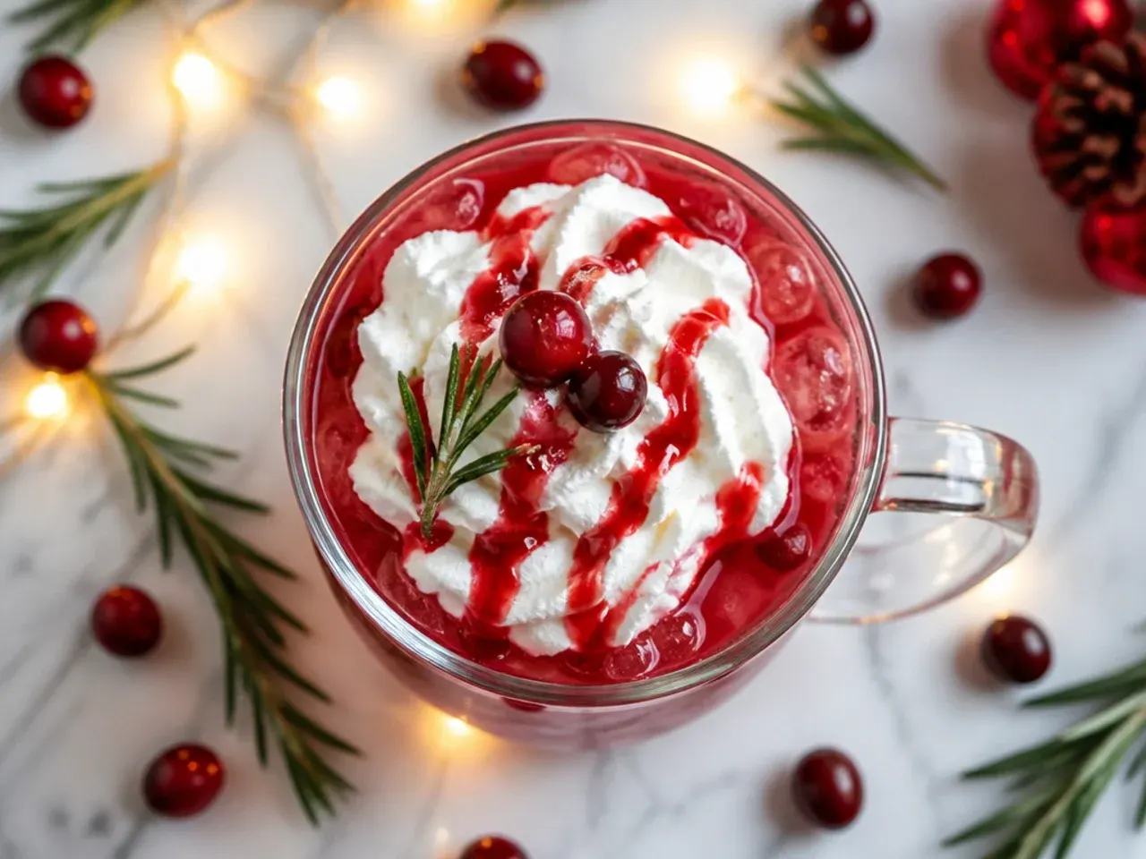 Simple three ingredient Christmas punch in a glass bowl with maraschino cherries and ice