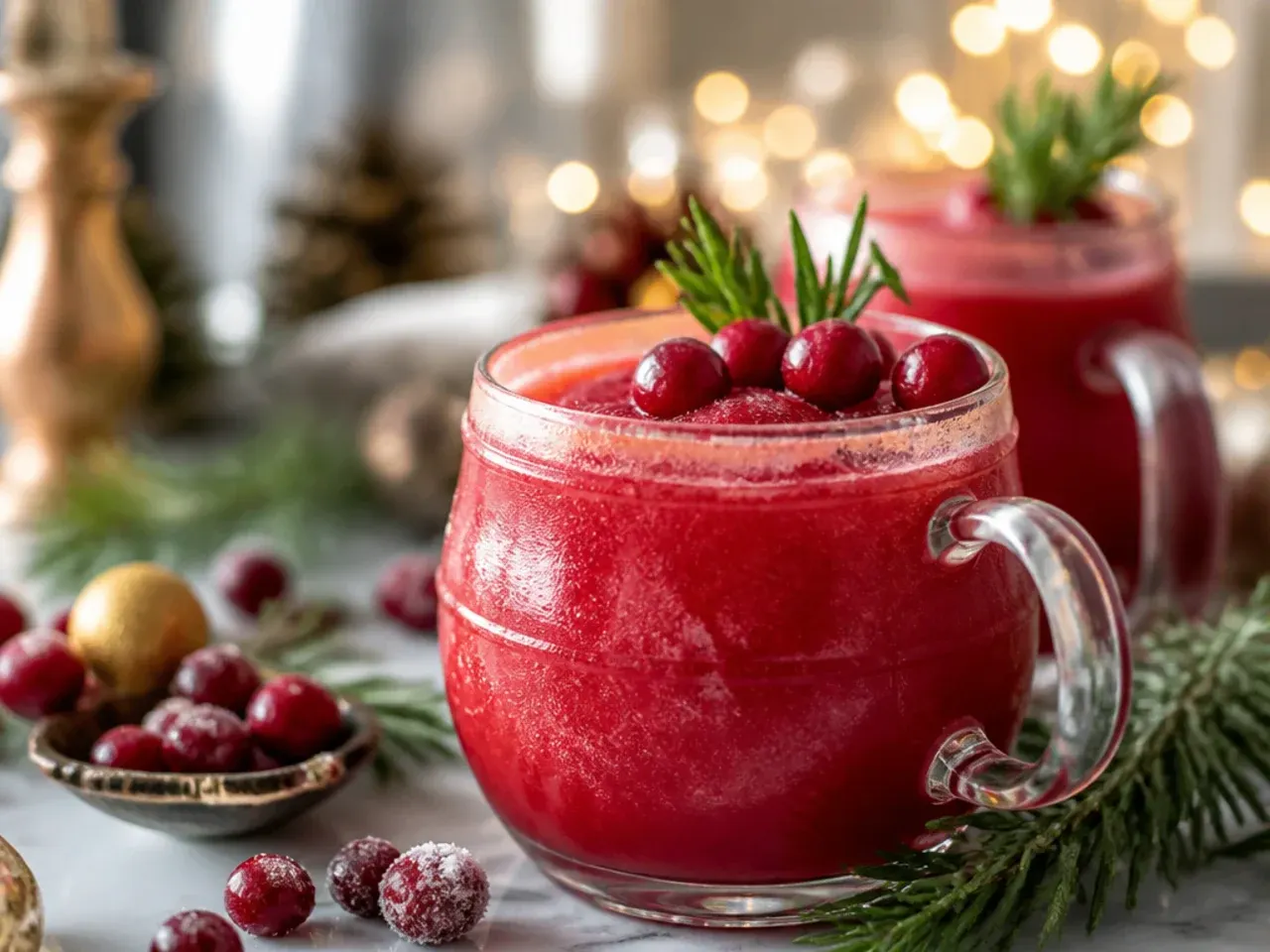 Blended sorbet Christmas punch float with fizzing soda poured over pink sorbet in a glass bowl