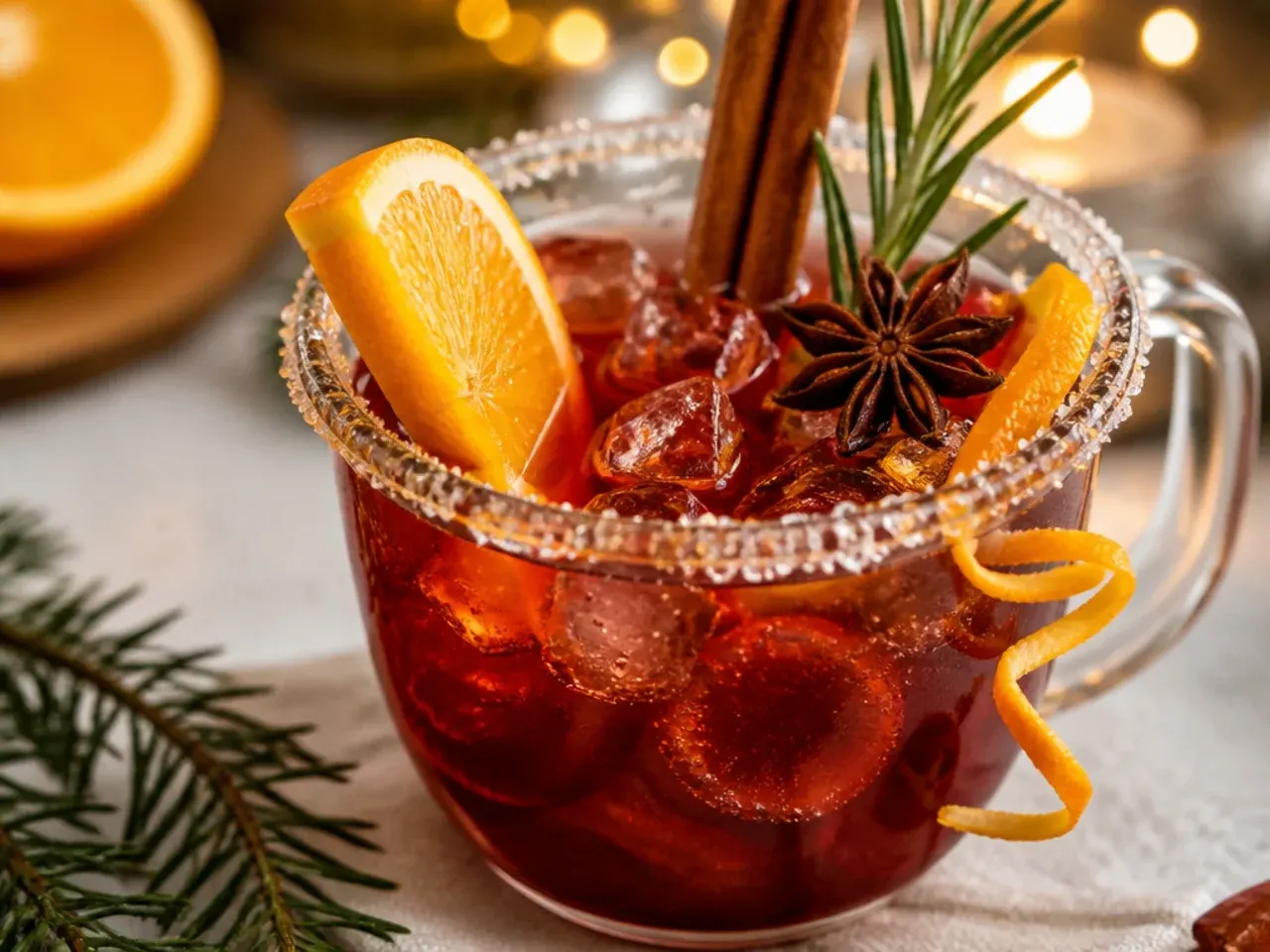 Spiced rum Christmas punch in a glass with a dried orange wheel and cinnamon stick garnish