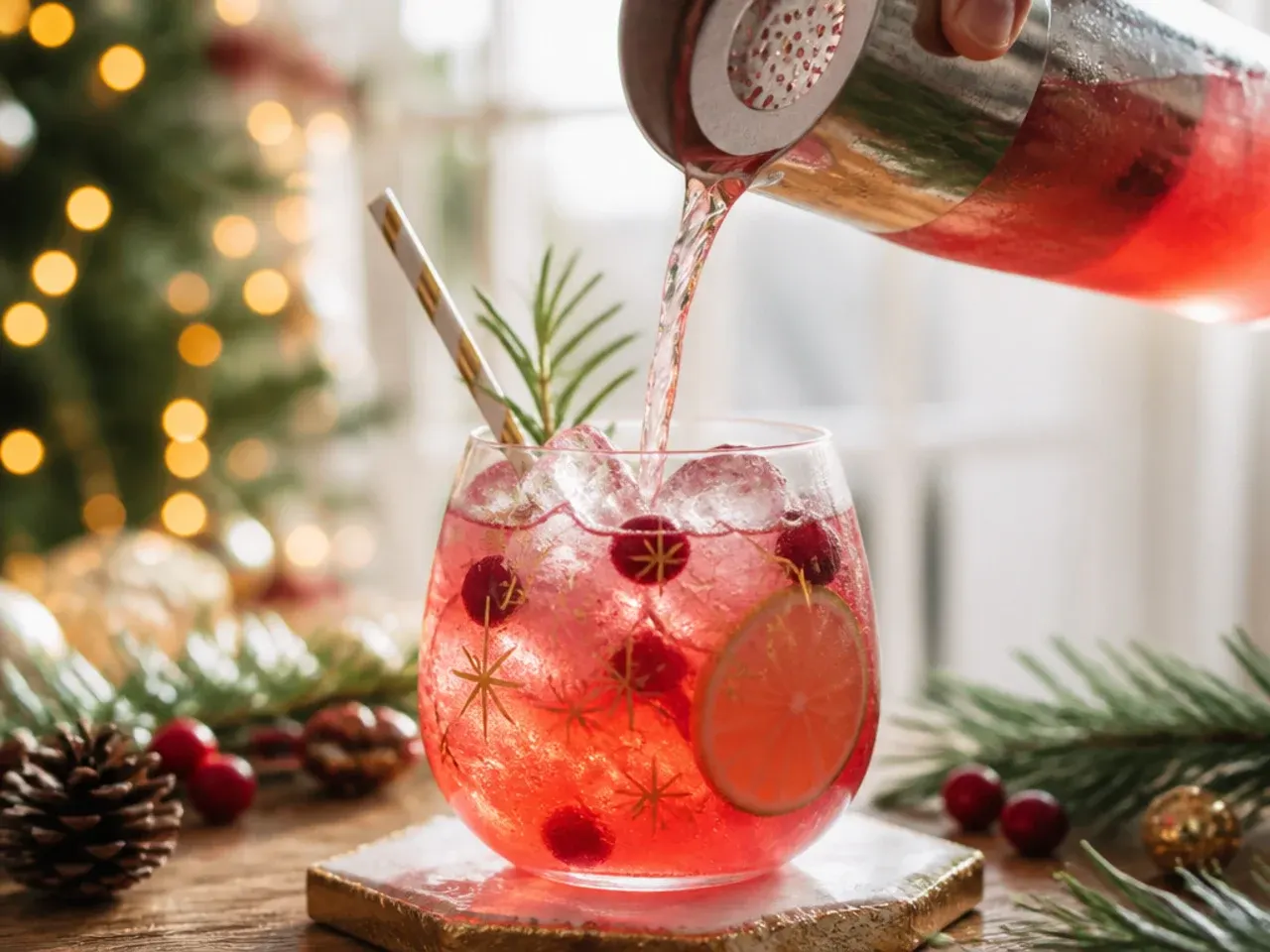 Festive champagne Christmas punch with cranberries and rosemary sprig in a coupe glass