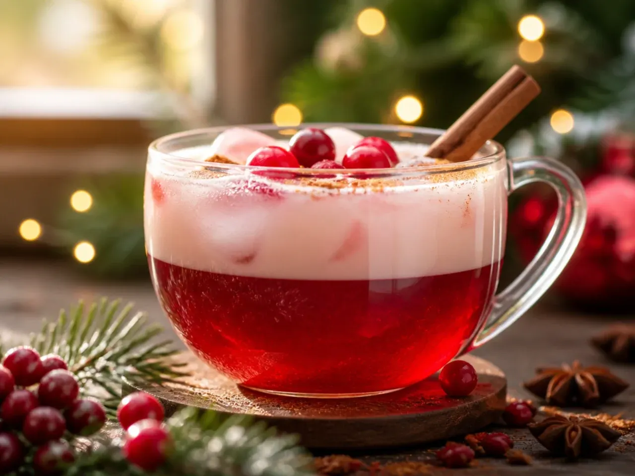 Layered red and white Christmas punch in a clear glass showing distinct colour layers