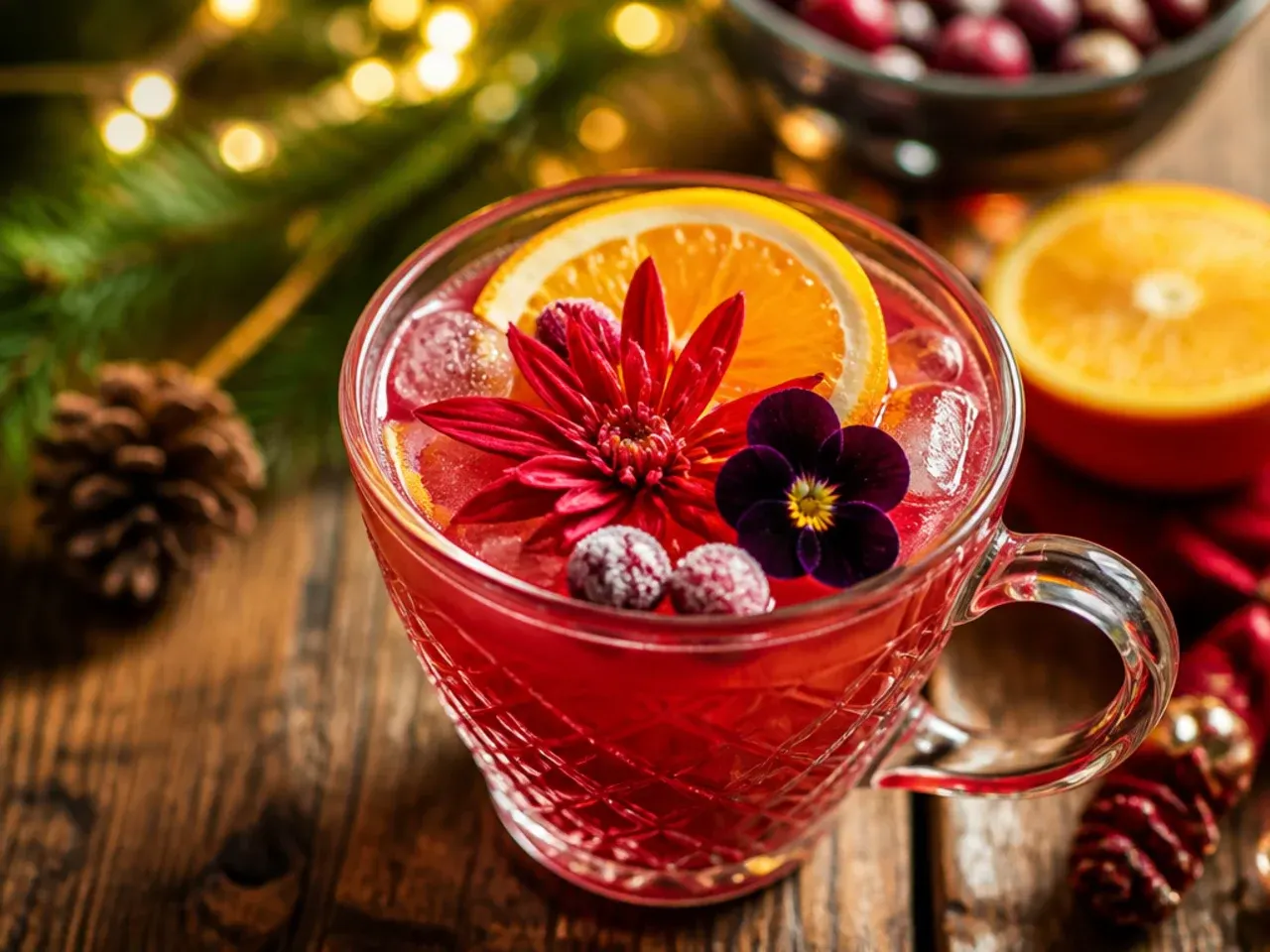 Bold bourbon Christmas punch over a large ice block with apple slices and cinnamon stick