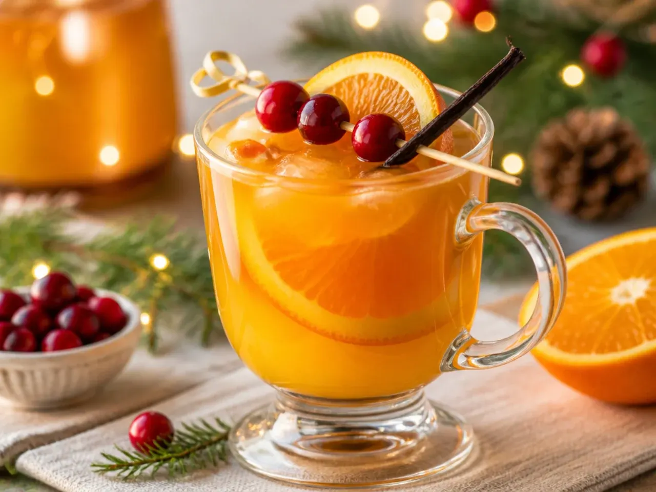 Smooth vanilla orange Christmas punch in a glass with orange curl garnish and cream soda foam