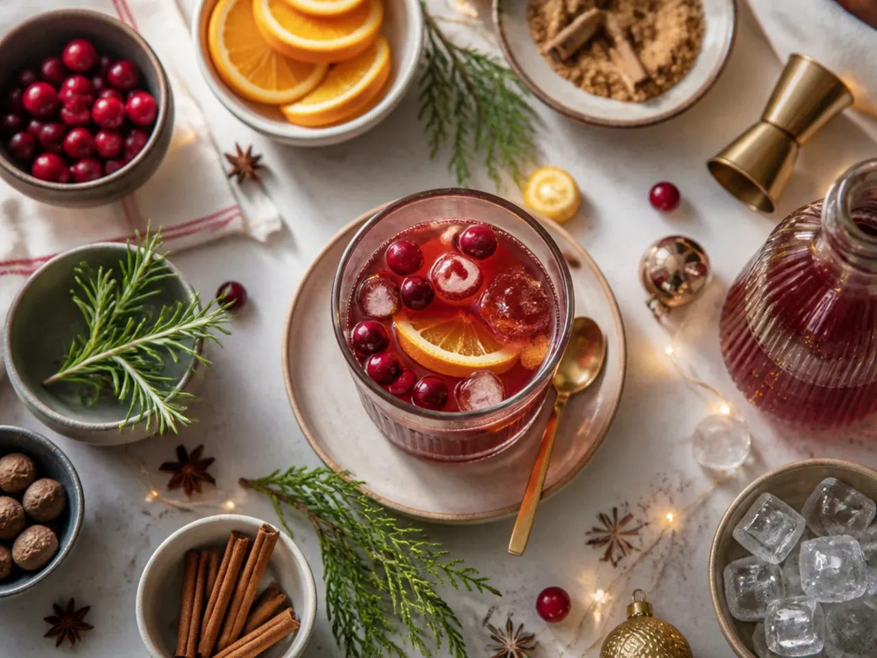 Close-up of hands adding a large ice ring studded with cranberries and orange slices to a Christmas punch bowl