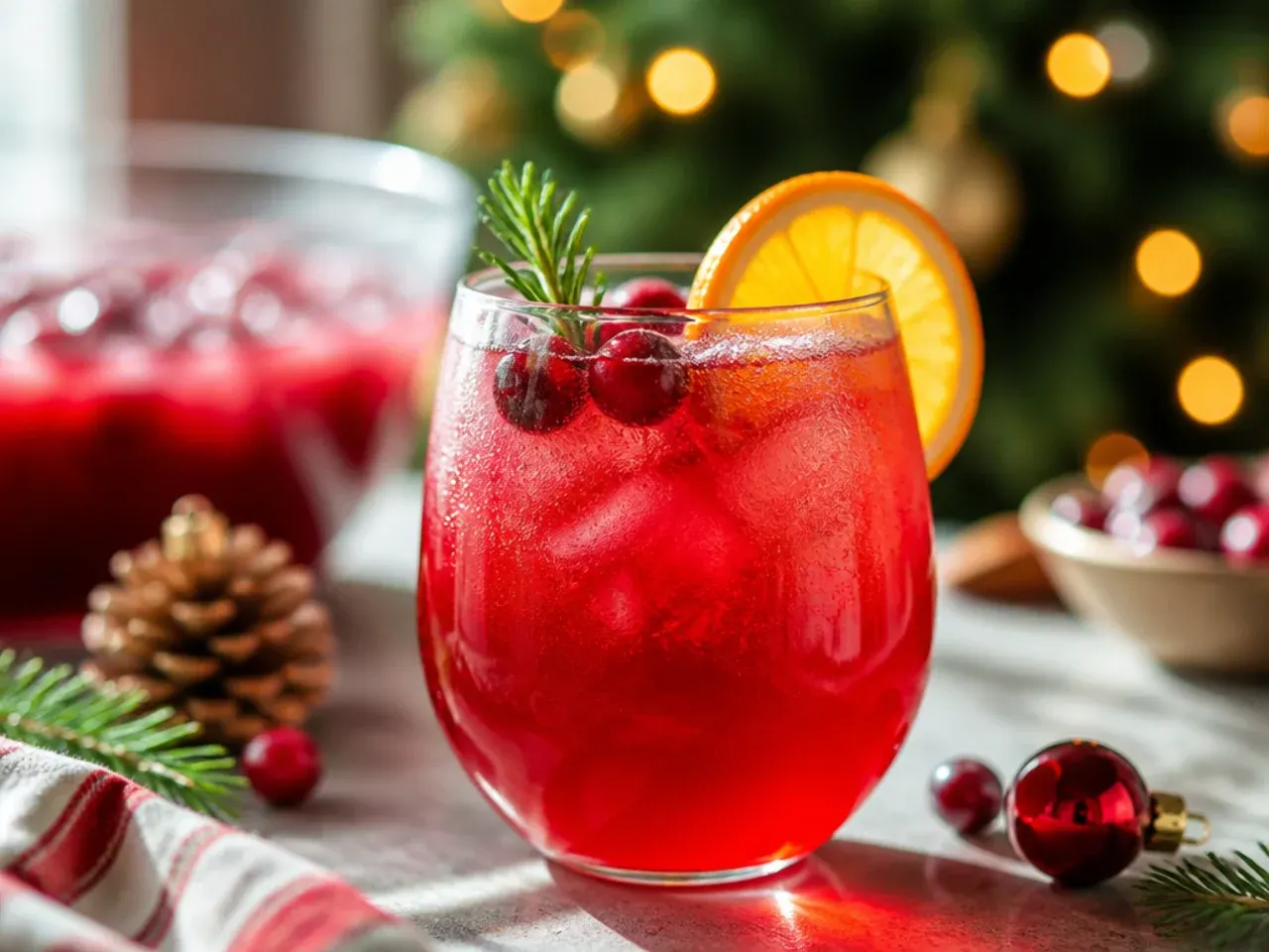Table set with Christmas punch cups, sugar-rimmed glasses, cinnamon stick stirrers, and cranberry garnish