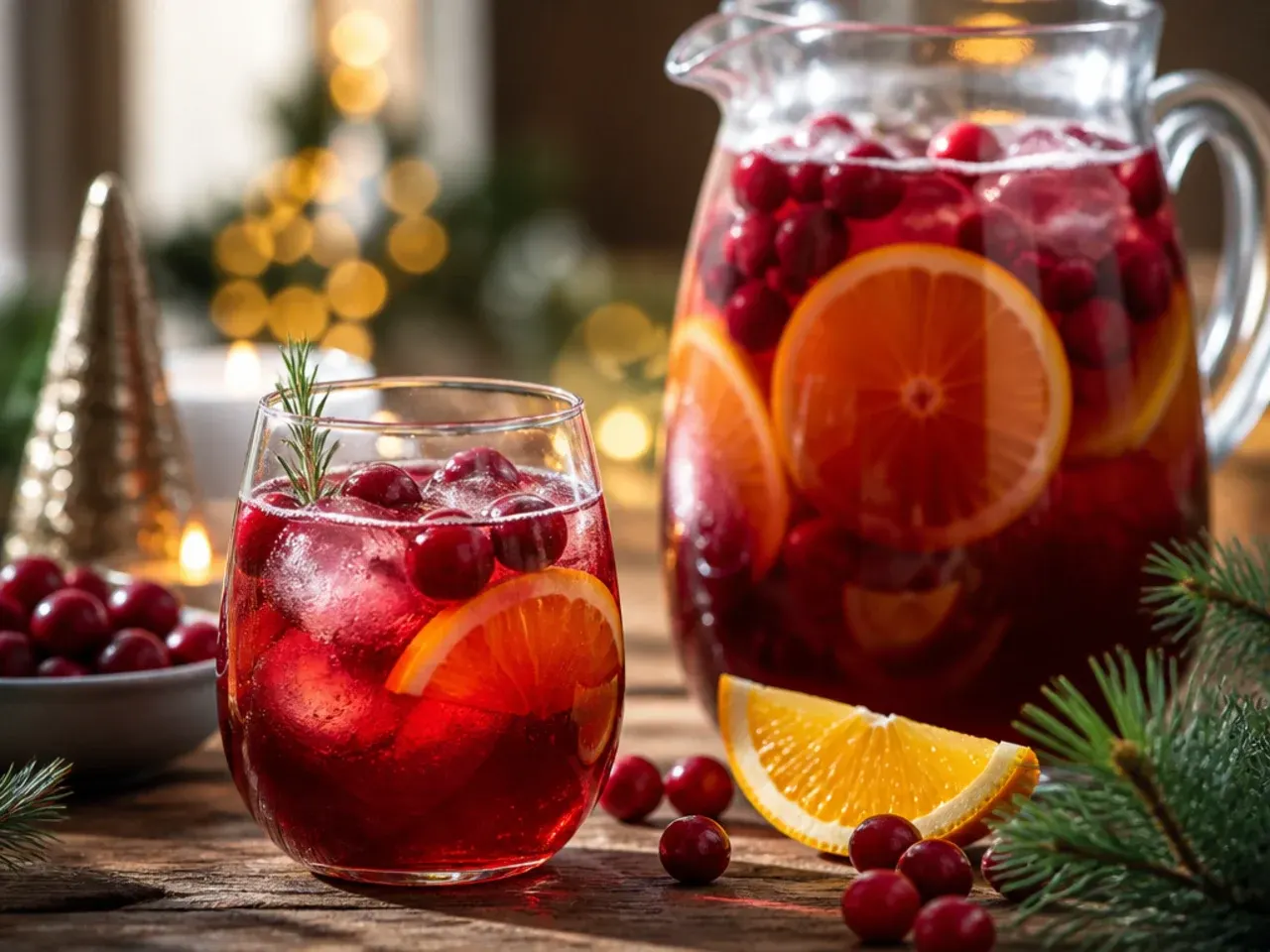 Pitchers of pre-mixed Christmas punch base chilling in the fridge alongside bottles of soda and champagne