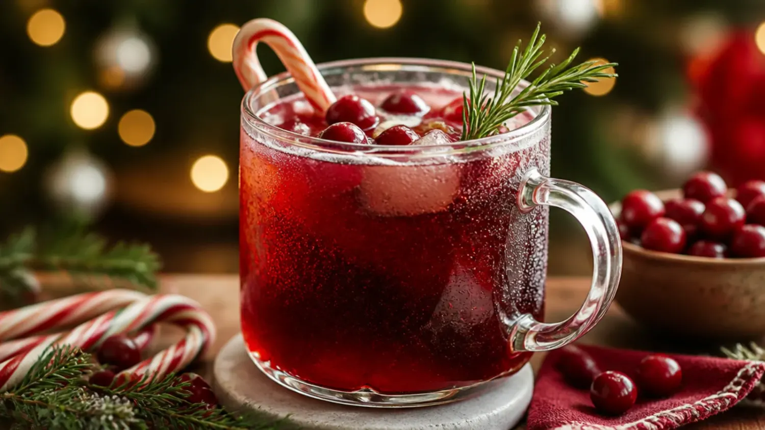 A festive table spread with mulled wine, eggnog, peppermint mocha and hot chocolate in glasses garnished with cinnamon sticks and candy canes