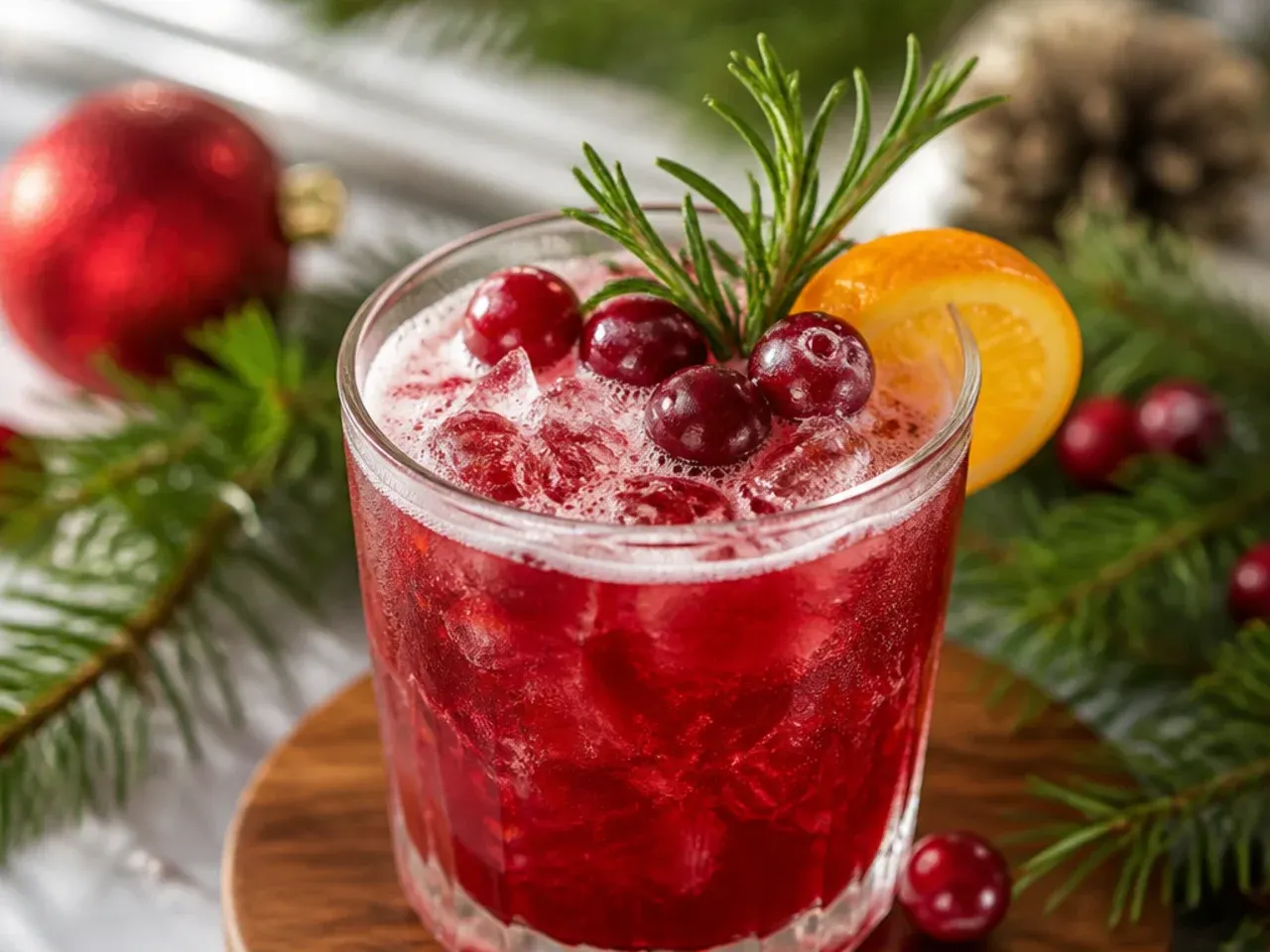 Overhead shot of assorted christmas themed drinks arranged on a wooden table with festive garnishes