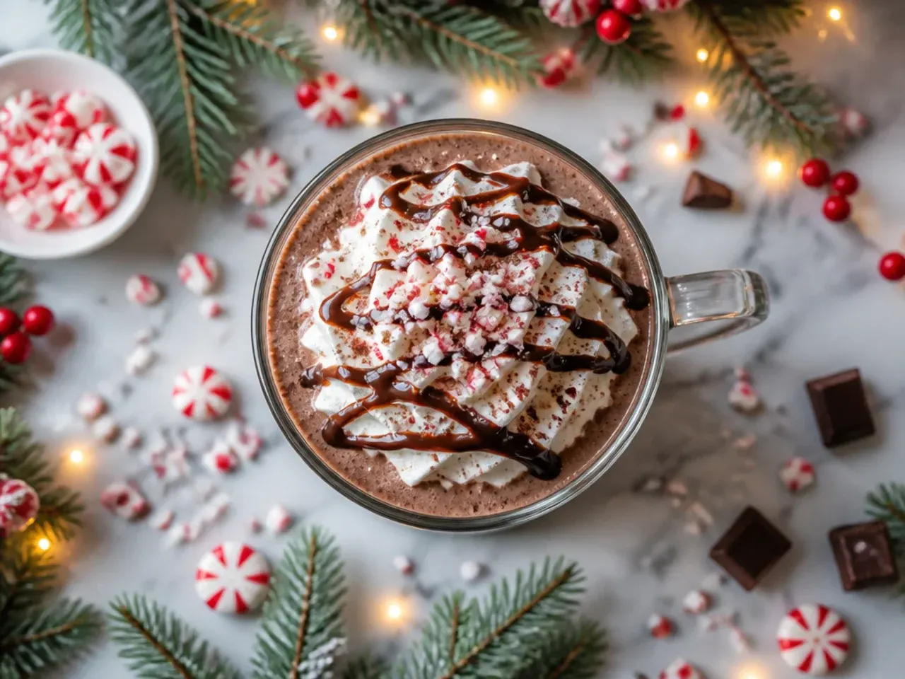 Iced peppermint mocha frappé in a tall glass topped with whipped cream and crushed candy cane
