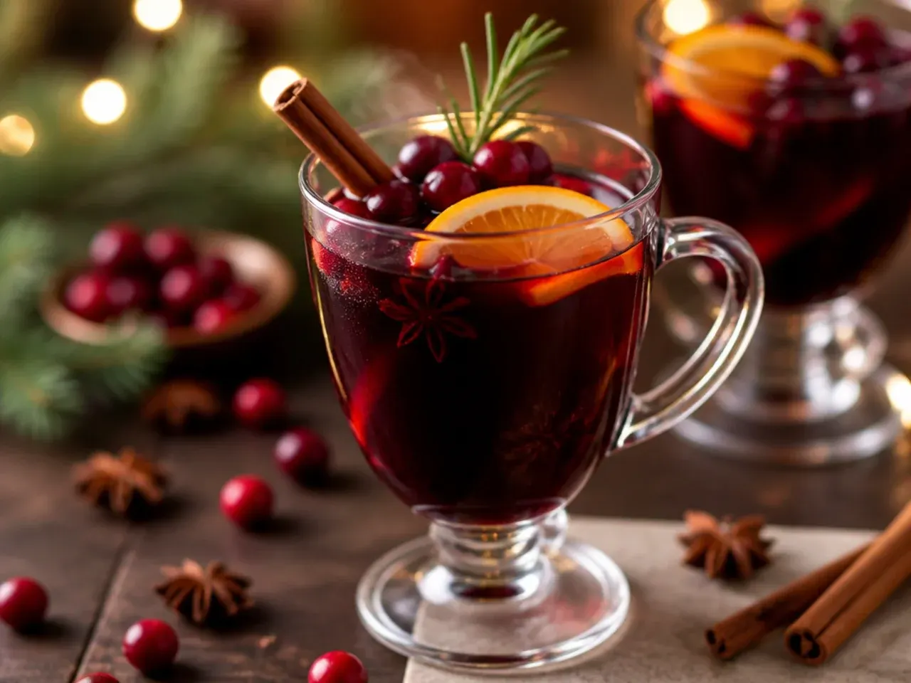 Glass mug of classic mulled wine with an orange slice and cinnamon stick