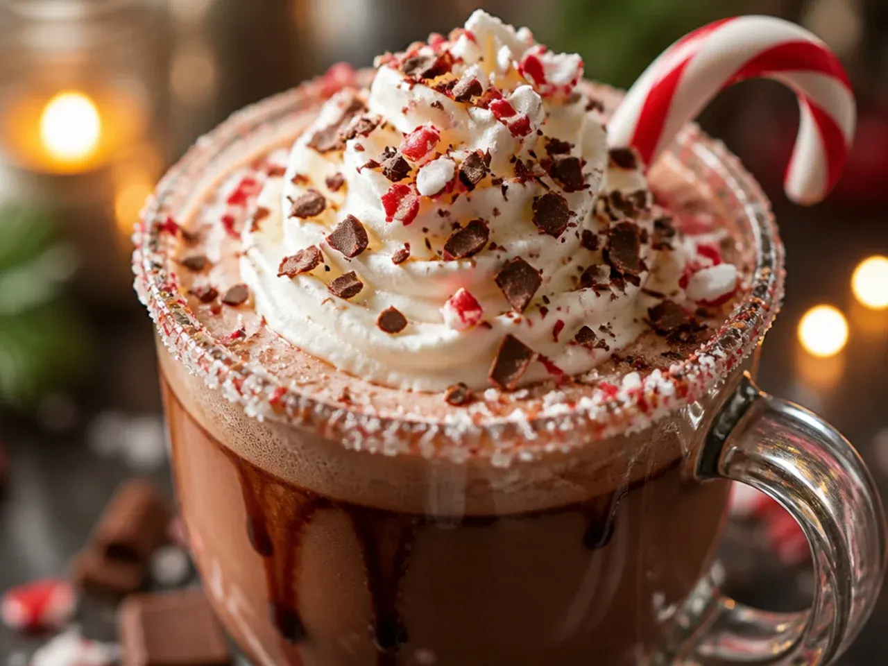 Copycat peppermint mocha in a clear glass mug with whipped cream and chocolate shavings