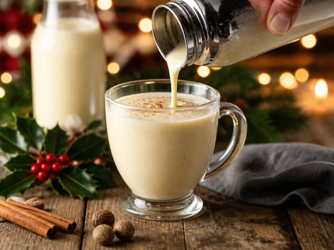Creamy homemade eggnog in a glass mug dusted with nutmeg