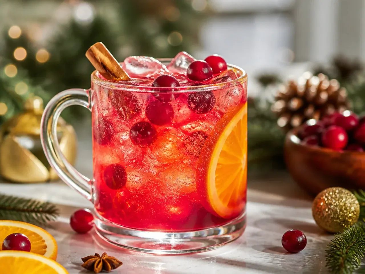 Refreshing cranberry orange spritzer in a tall glass with fresh cranberries and an orange twist