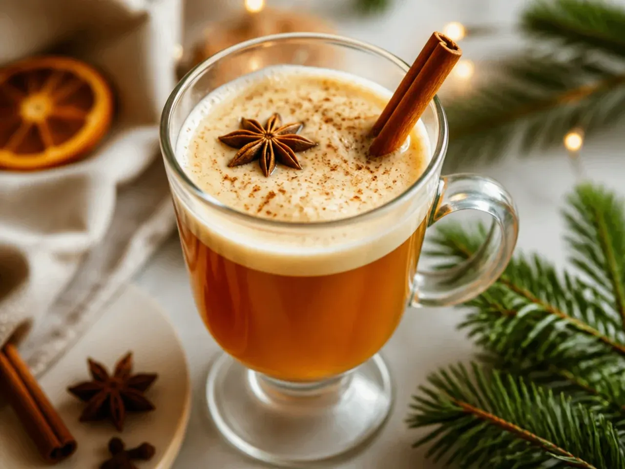 Hot buttered rum in a mug with a cinnamon stick garnish and steam rising