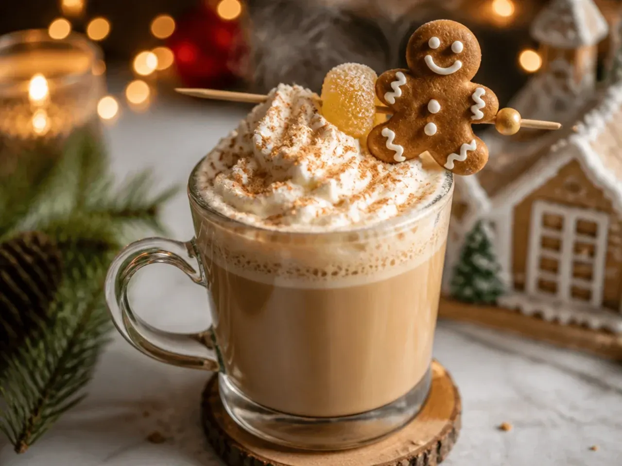 Sweet gingerbread latte in a glass mug with whipped cream and a dusting of ground ginger