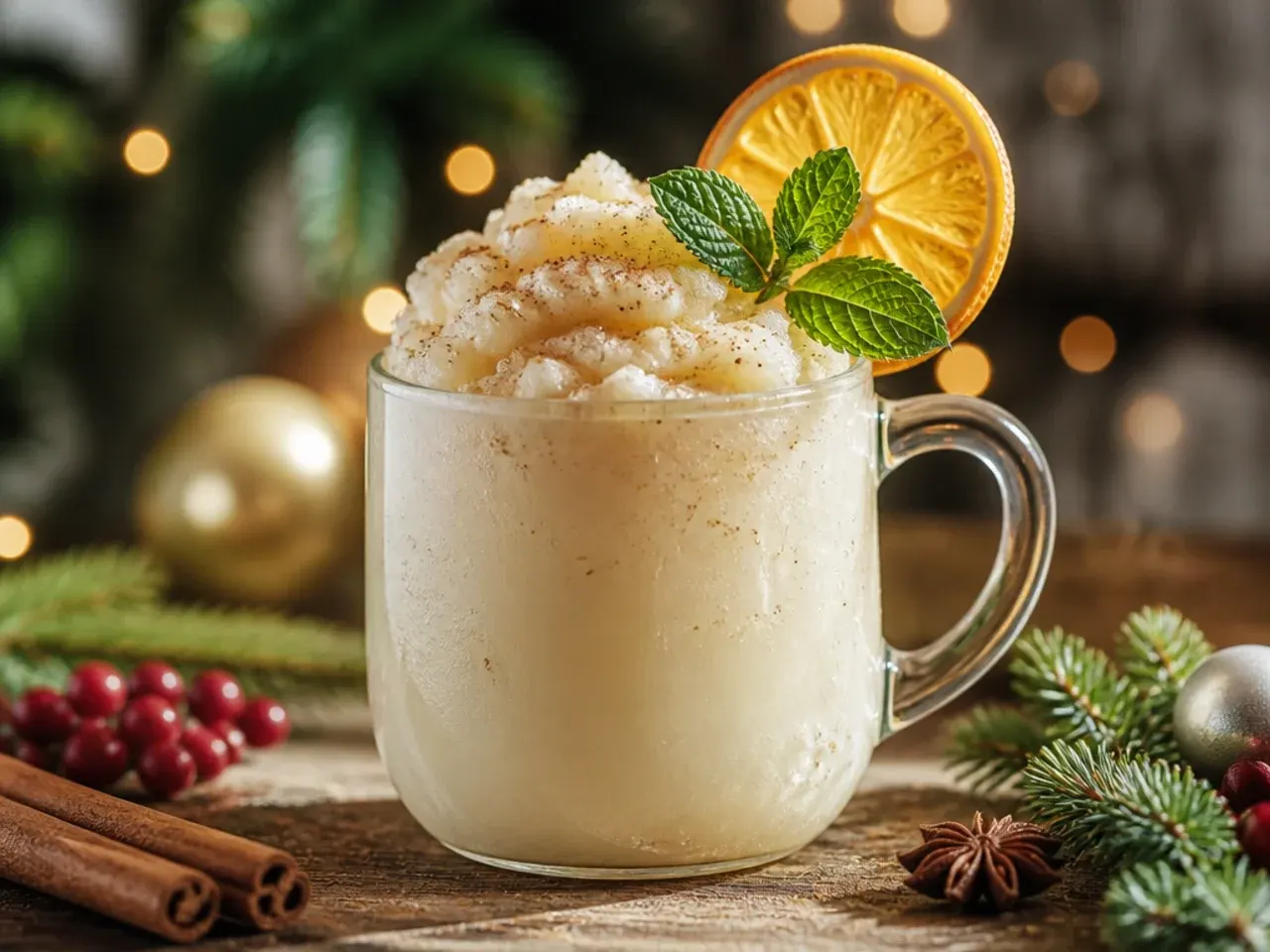 Frozen eggnog slush in a glass with a straw and nutmeg garnish