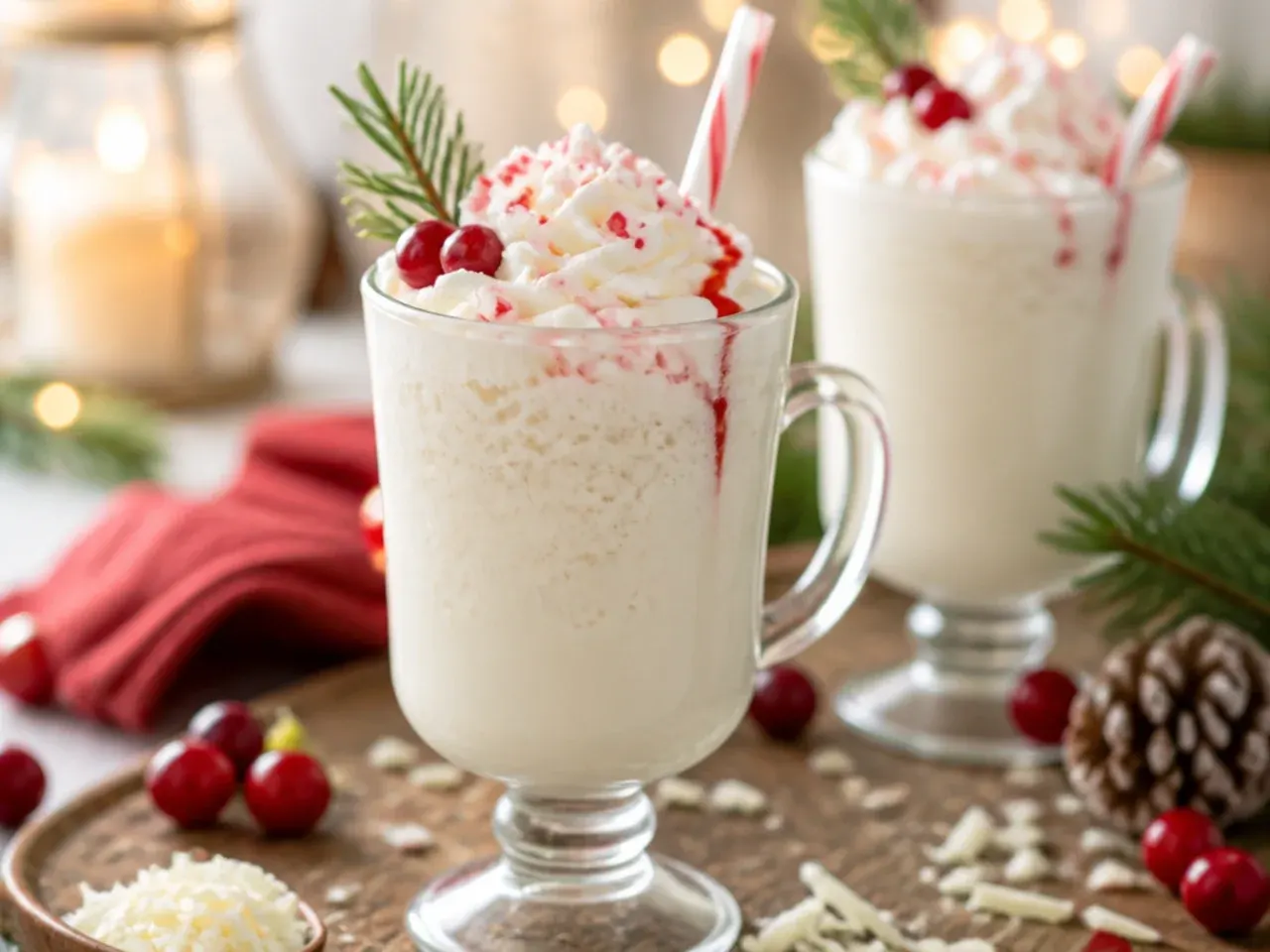 Blended white chocolate peppermint milkshake in a glass with crushed candy cane on the rim