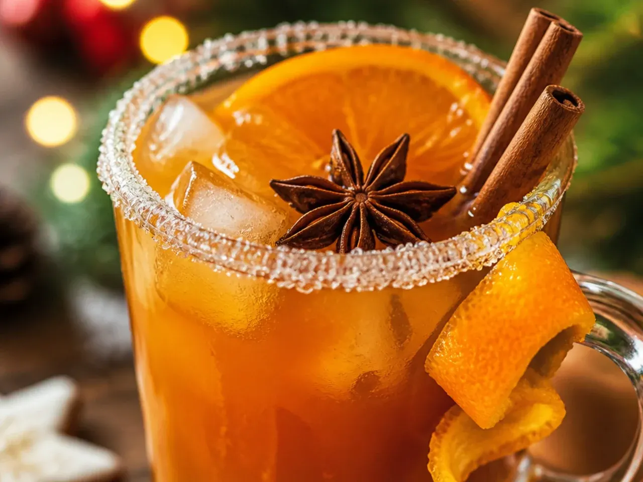 Spiced wassail punch in a punch bowl with floating apple and orange slices