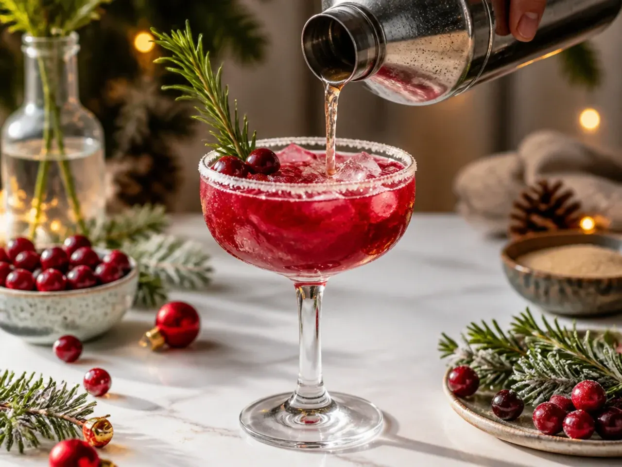 Row of festive cranberry mimosas in champagne flutes garnished with fresh cranberries