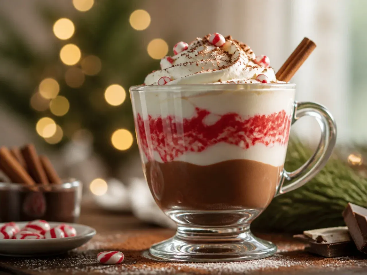 Layered candy cane hot cocoa in a clear glass mug showing distinct chocolate and cream layers