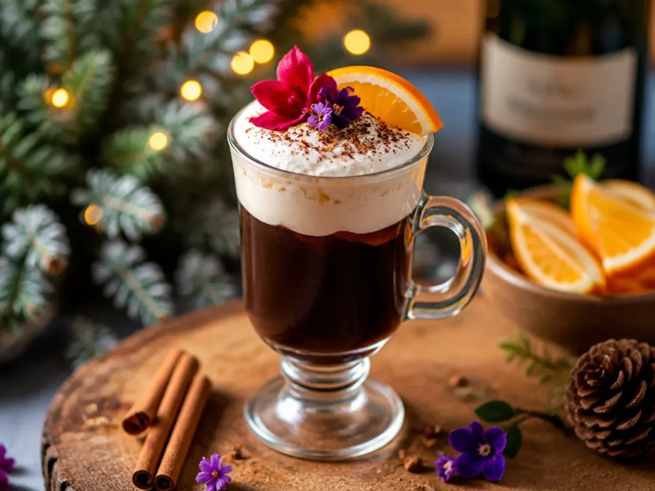 Bold Irish coffee in a glass mug with a floated cream layer on top