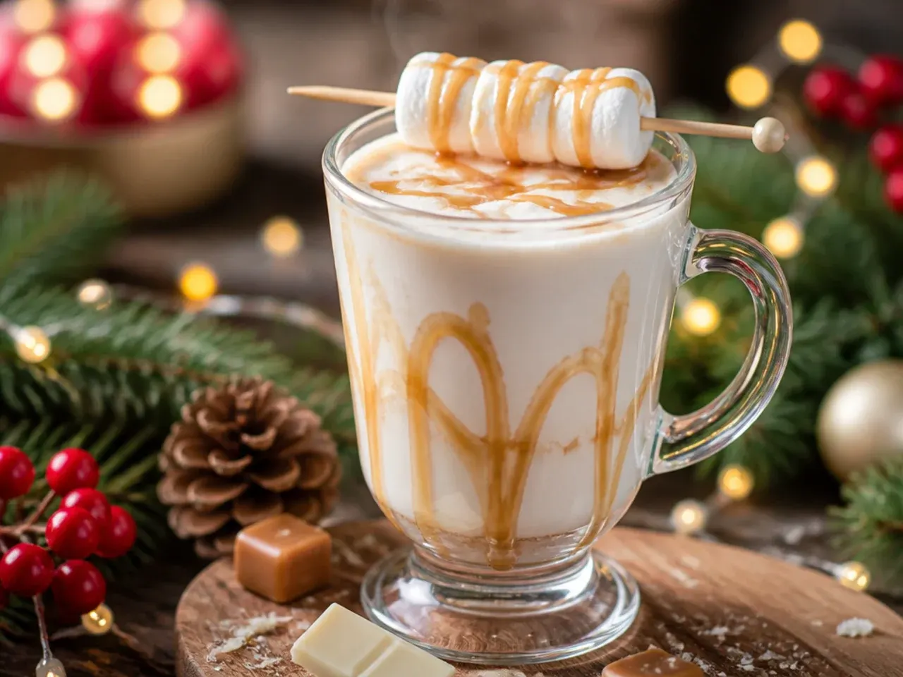 Salted caramel white hot chocolate in a mug with caramel drizzle and whipped cream