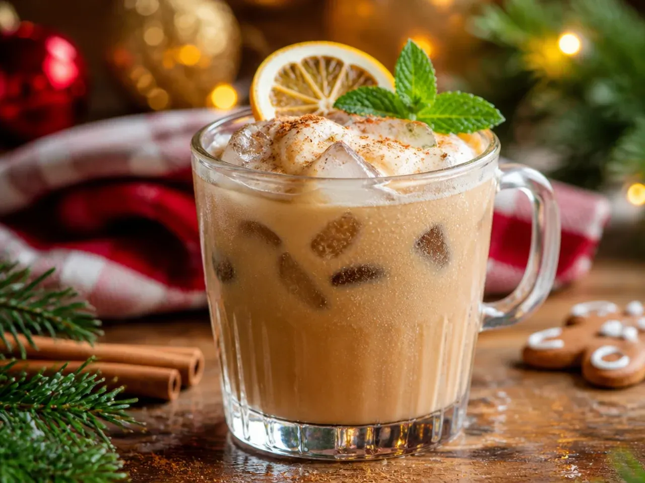 Iced gingerbread chai latte in a glass over ice with a dusting of cinnamon