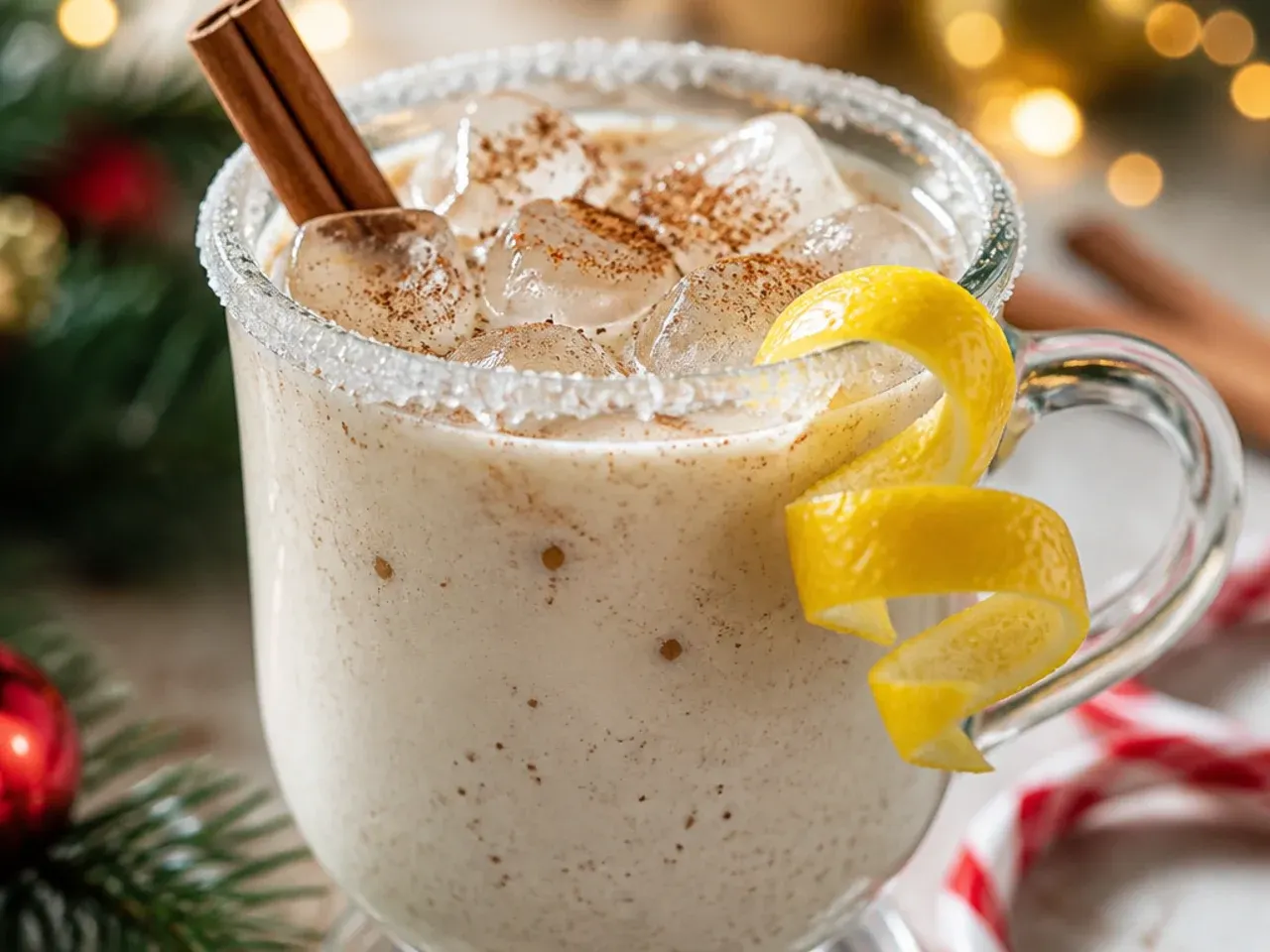 Creamy coquito in small glasses with a cinnamon stick garnish