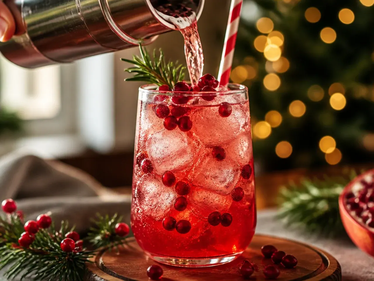 Refreshing pomegranate fizz in a tall glass with pomegranate seeds and a lime wheel