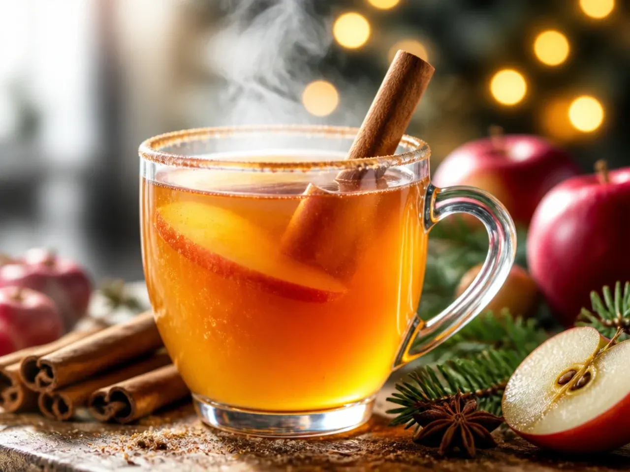 Cozy mulled apple cider in a mug with an orange slice and cinnamon stick