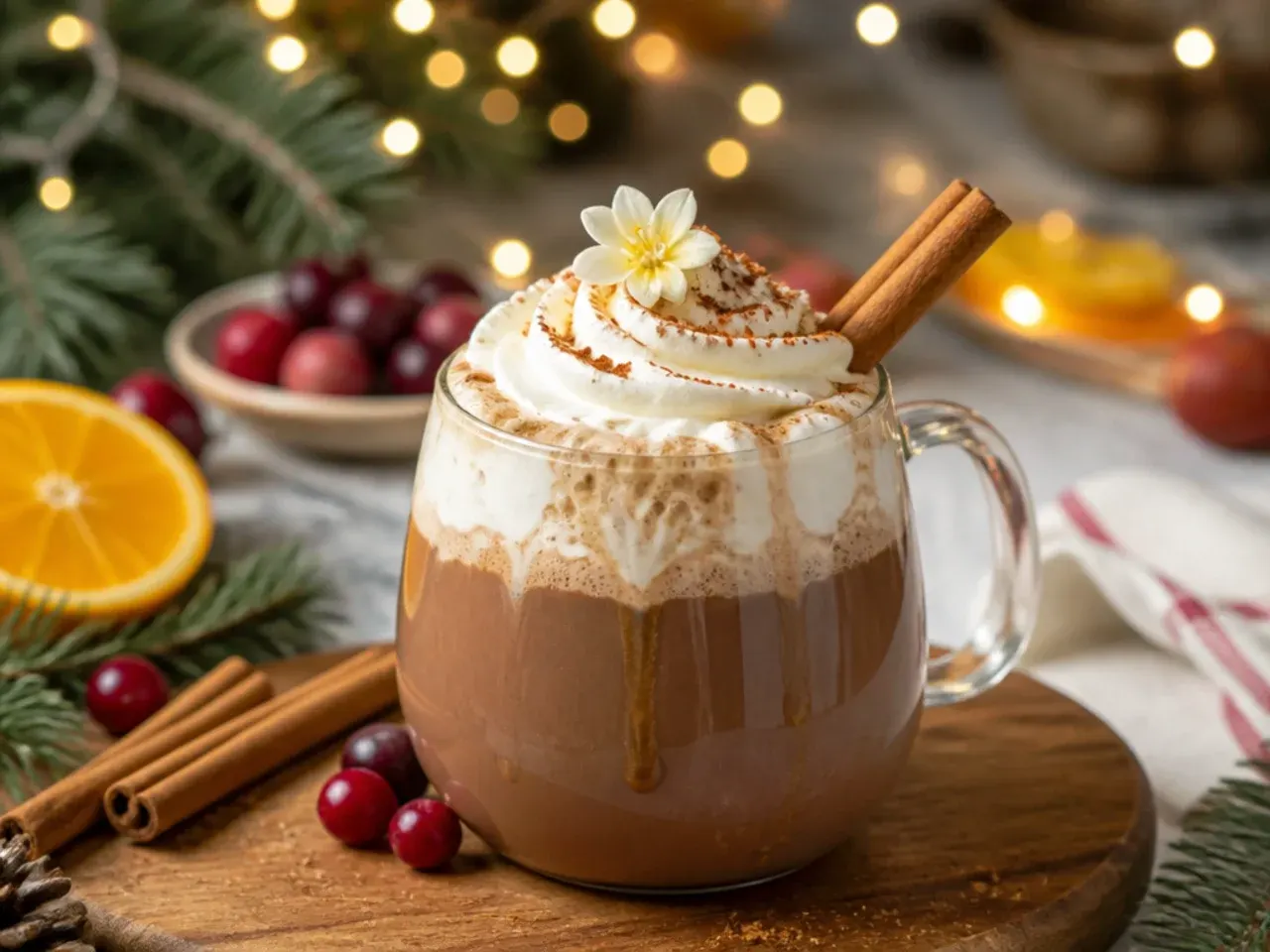 Cinnamon roll hot cocoa in a mug drizzled with cream cheese icing