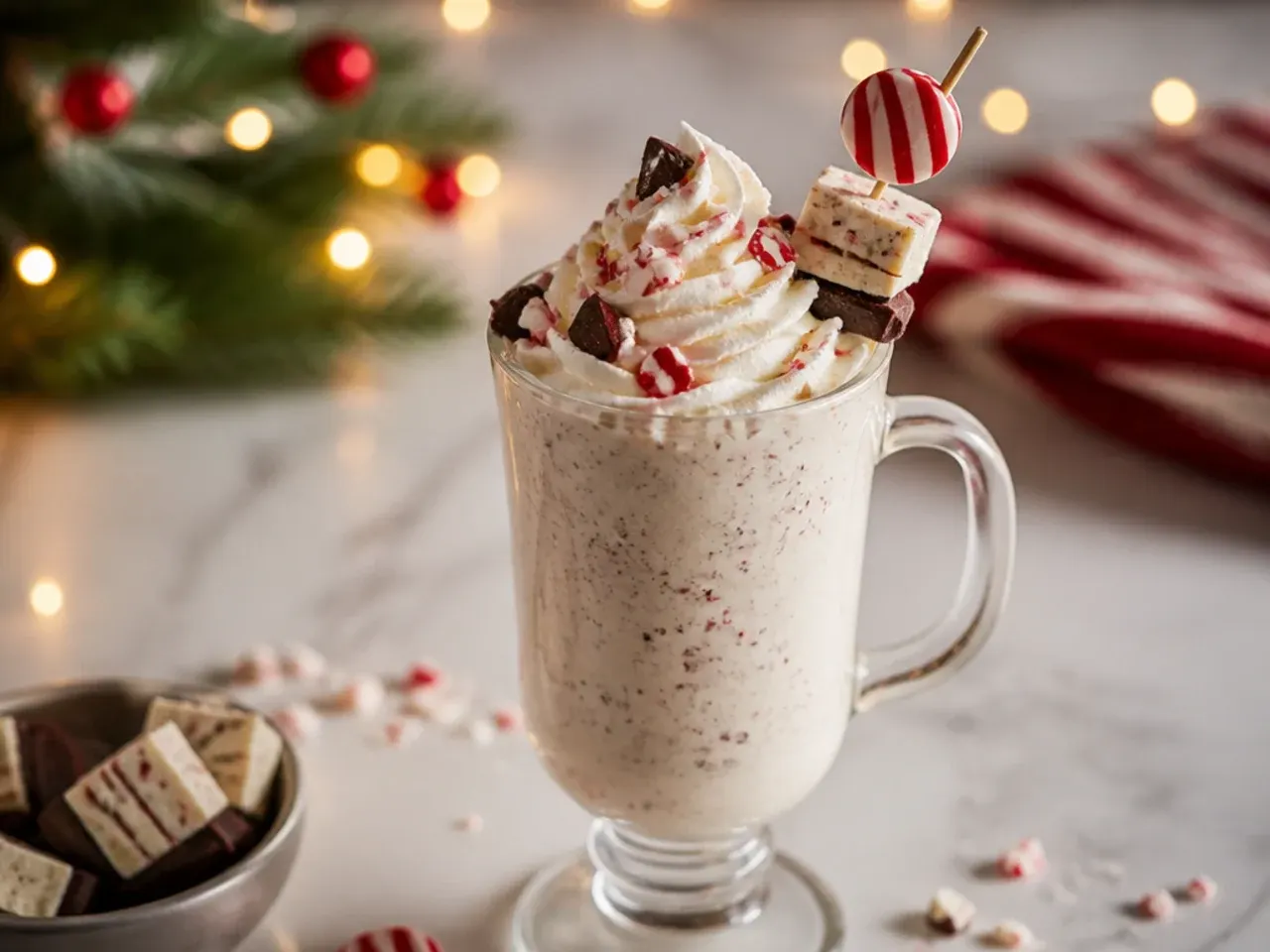 Frozen peppermint bark milkshake in a glass topped with whipped cream and peppermint bark pieces