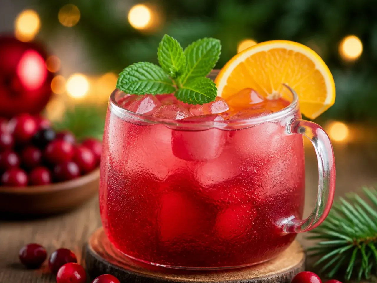 Sparkling cranberry punch in a glass bowl with an ice ring of frozen cranberries and orange slices