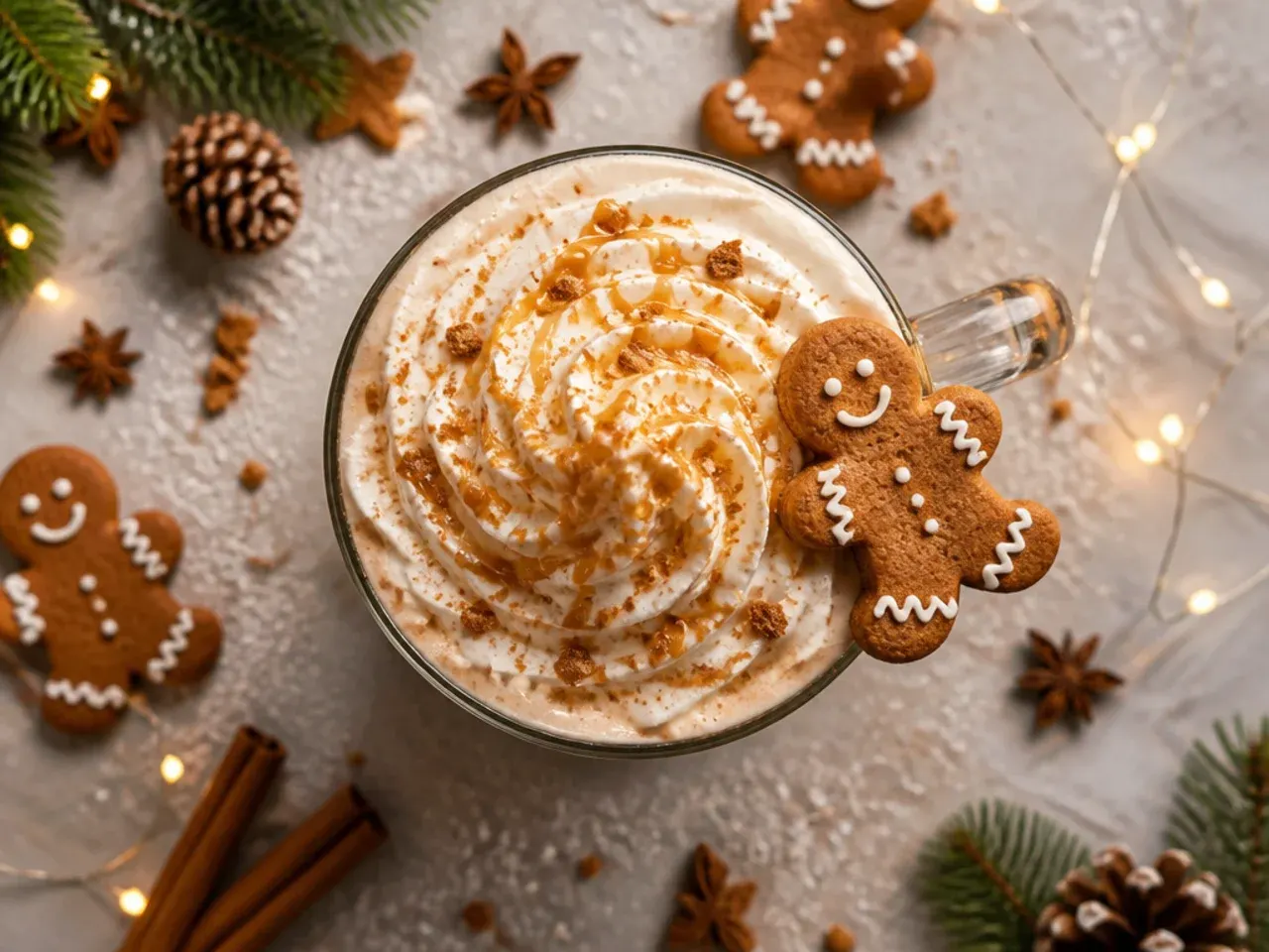 Blended gingerbread cookie shake in a glass topped with whipped cream and crumbled gingerbread cookies