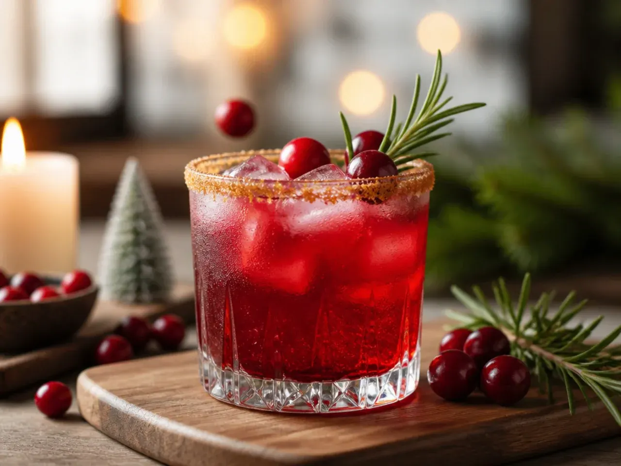 Christmas drinks table with garnish tray of candy canes, cinnamon sticks and orange wheels