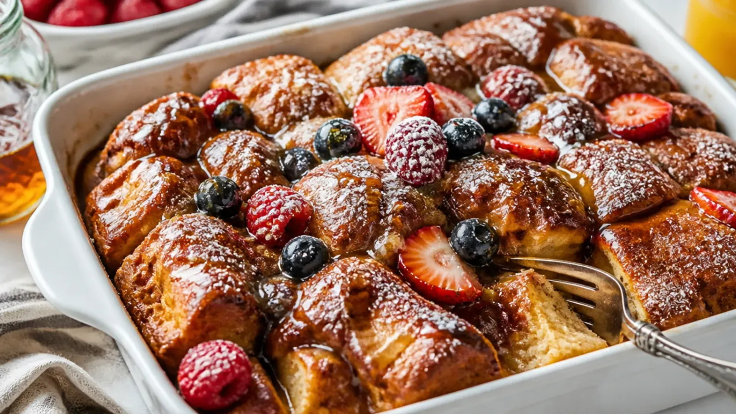 A baking dish of golden cinnamon roll french toast casserole drizzled with cream cheese icing, fresh from the oven