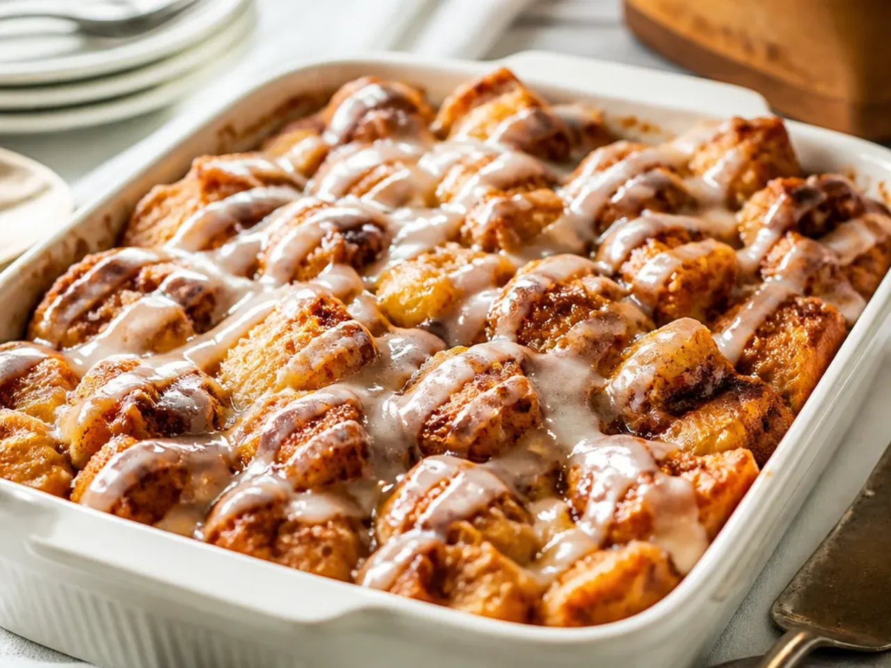 Overhead shot of cinnamon roll pieces being soaked in egg custard in a glass baking dish